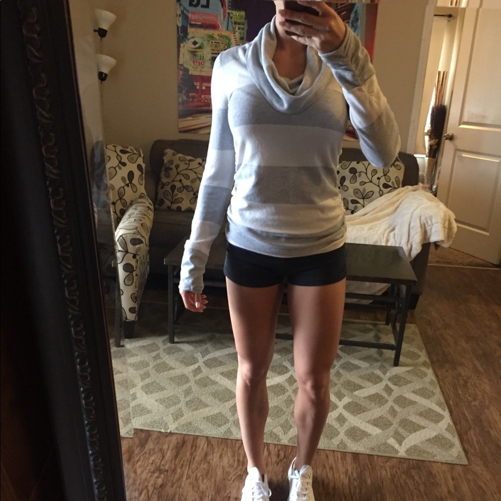 Gray and White Striped Cowl Neck Sweater